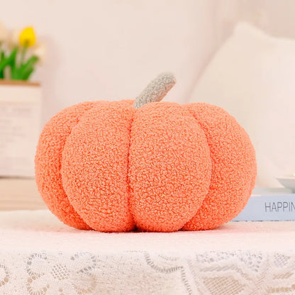Fluffy orange pumpkin on a decorative surface with a blurred background