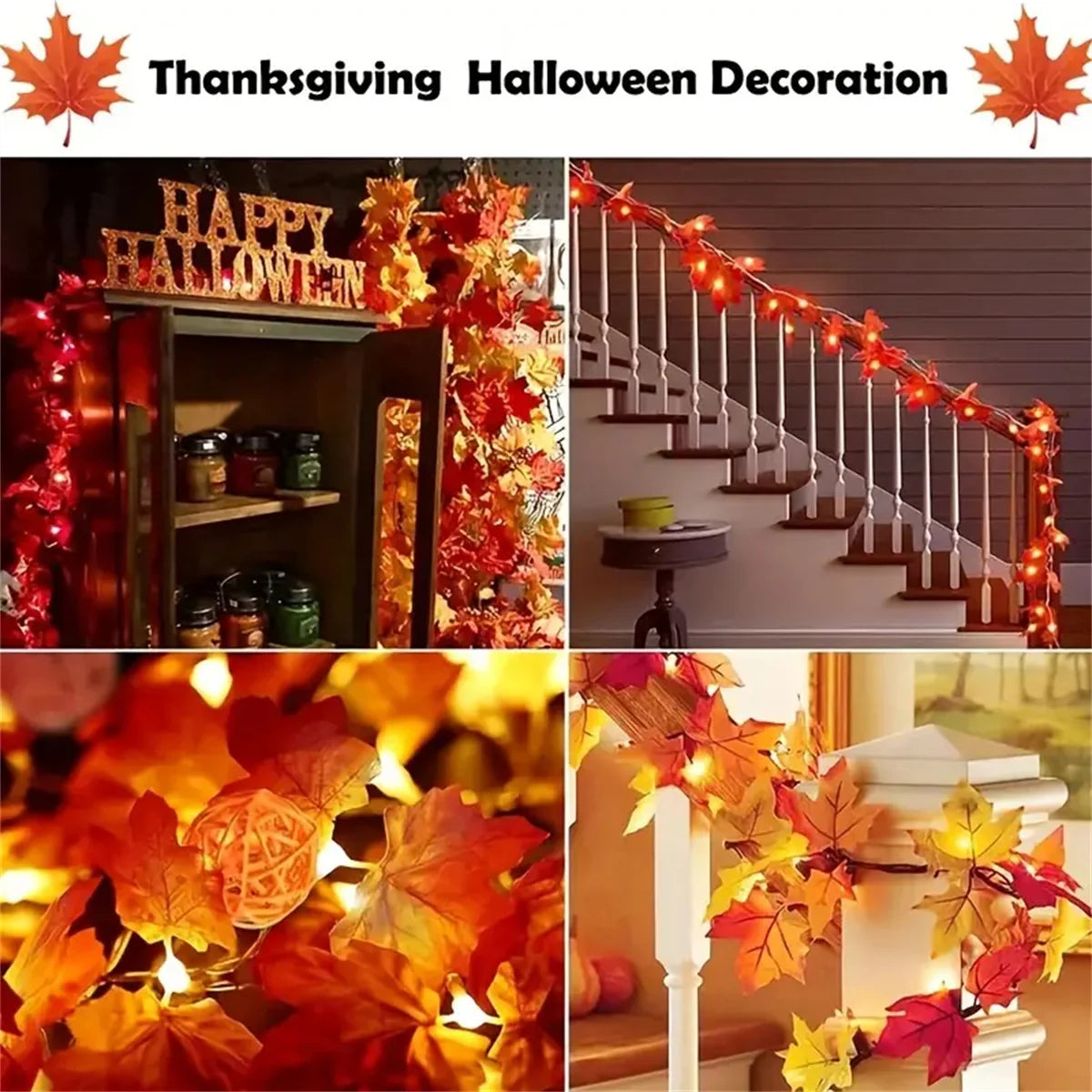 Collage of Thanksgiving Halloween decoration ideas with lights and leaf decorations.