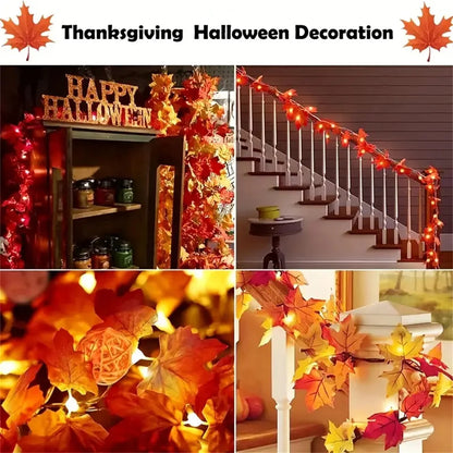 Collage of Thanksgiving Halloween decoration ideas with lights and leaf decorations.
