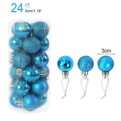 Pack of blue Christmas ornaments with packaging showing '24 ct' and dimensions.