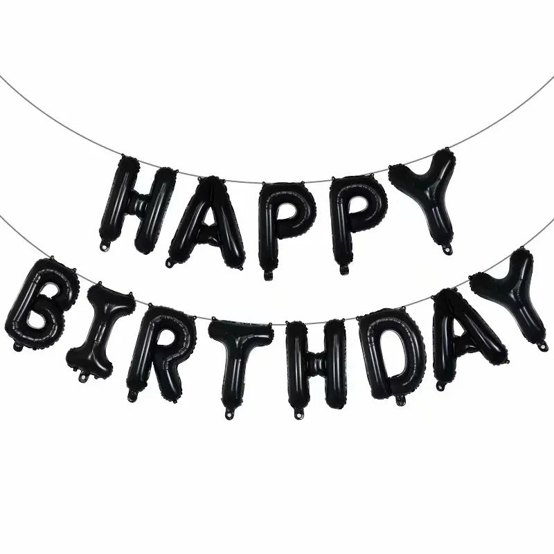 Black 'Happy Birthday' balloon banner on a white background