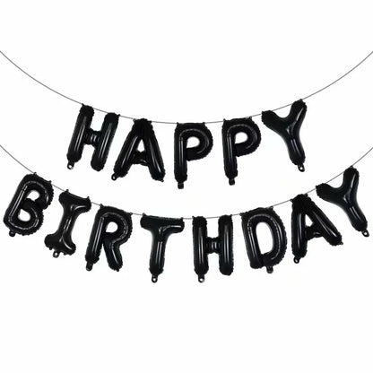 Black 'Happy Birthday' balloon banner on a white background