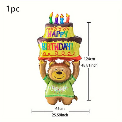 Inflatable lion holding a birthday cake with candles and 'Happy Birthday!' text, with measurements on a white background.