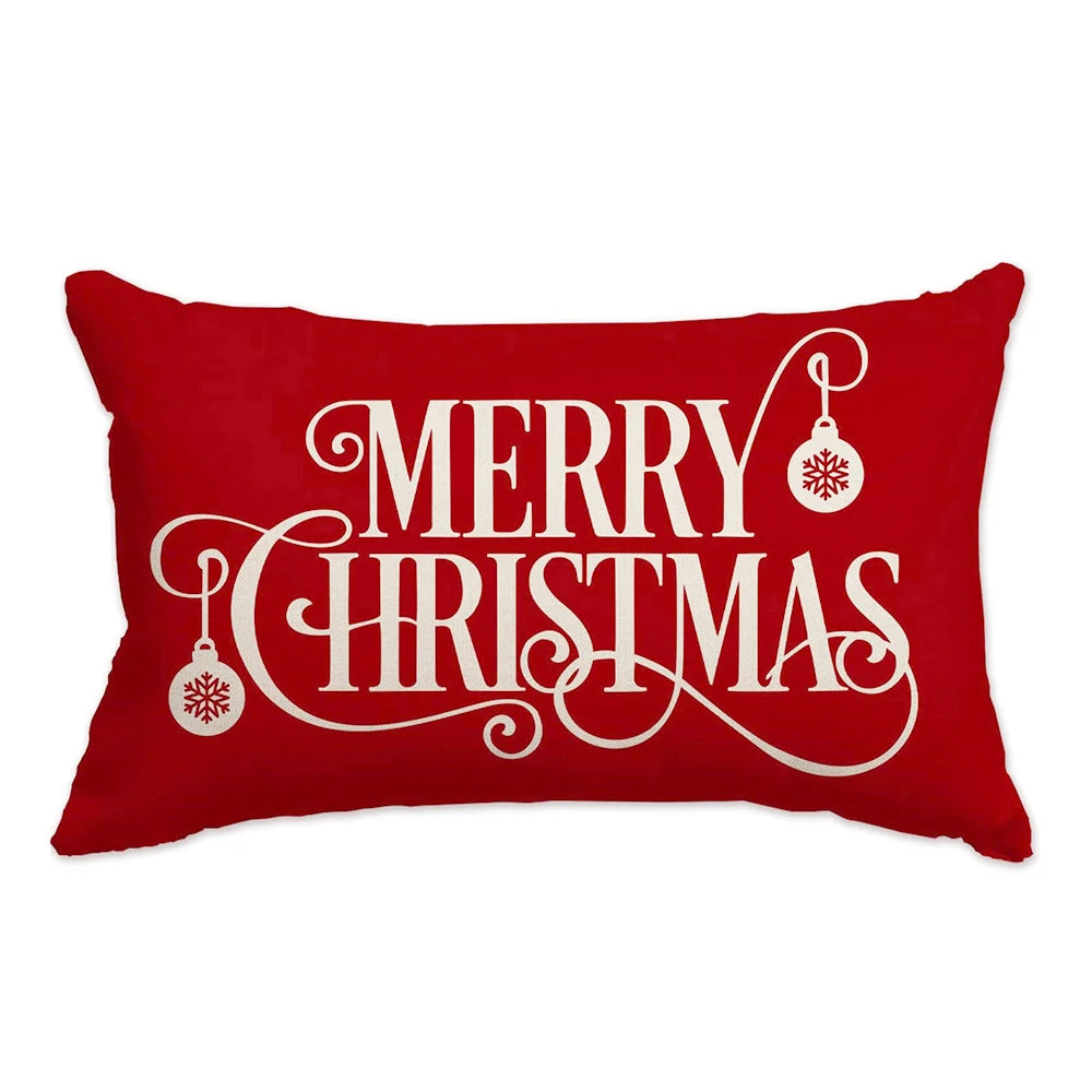 Red pillow with 'Merry Christmas' text and decorative elements on a white background