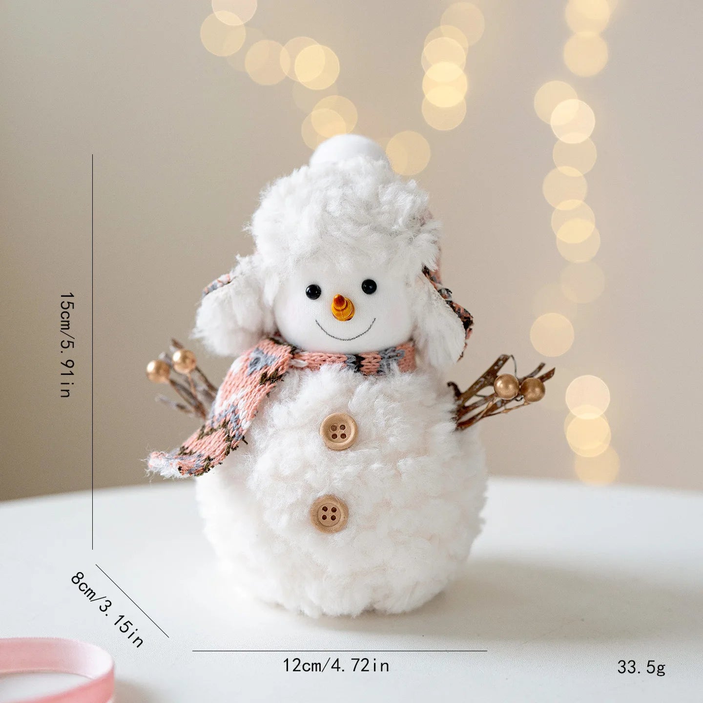 Small snowman figurine with measurements on a blurred background