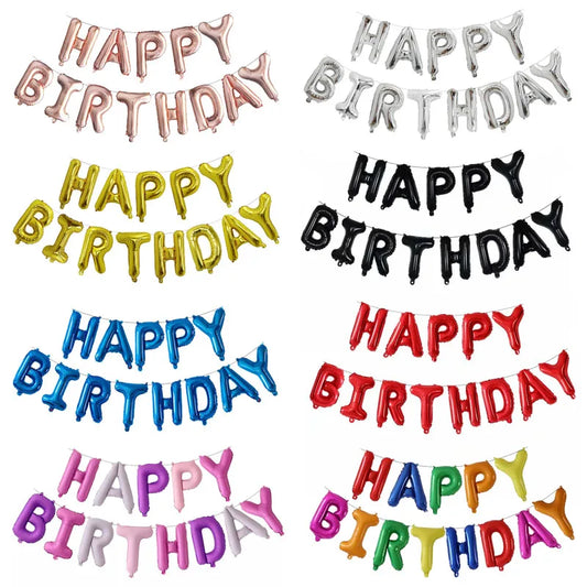 Colorful 'Happy Birthday' balloon letters on a white background