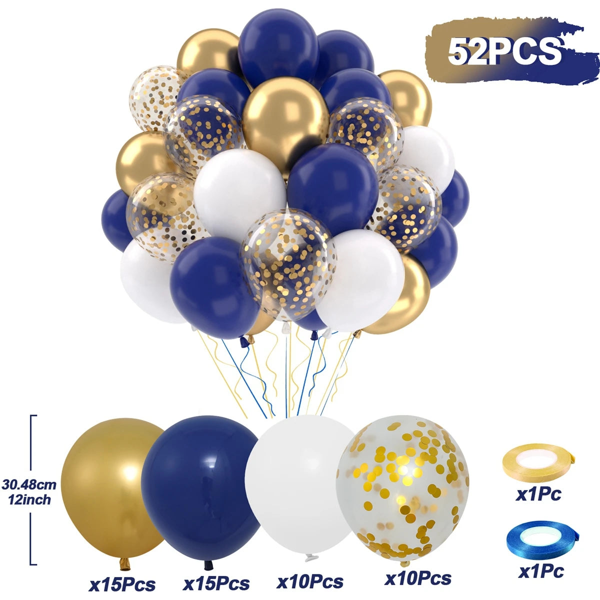 Set of 52 balloons in blue, gold, and white with confetti on a white background