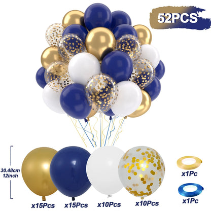 Set of 52 balloons in blue, gold, and white with confetti on a white background