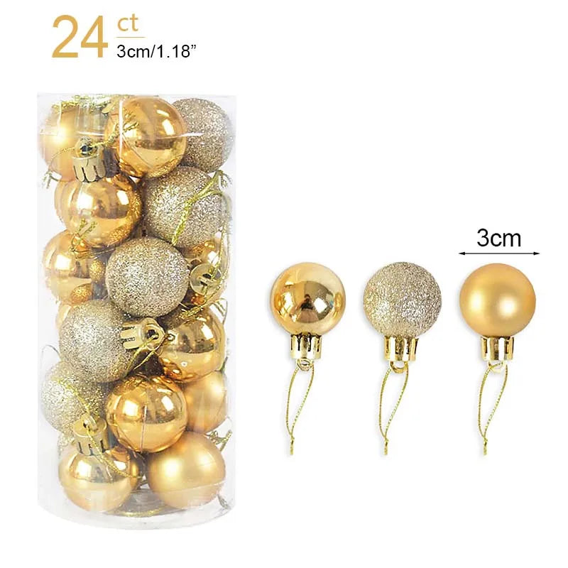 Packaged gold and silver Christmas ornaments with size measurement details.