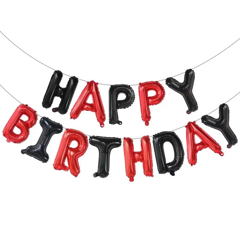 Black and red 'Happy Birthday' balloon banner on a white background