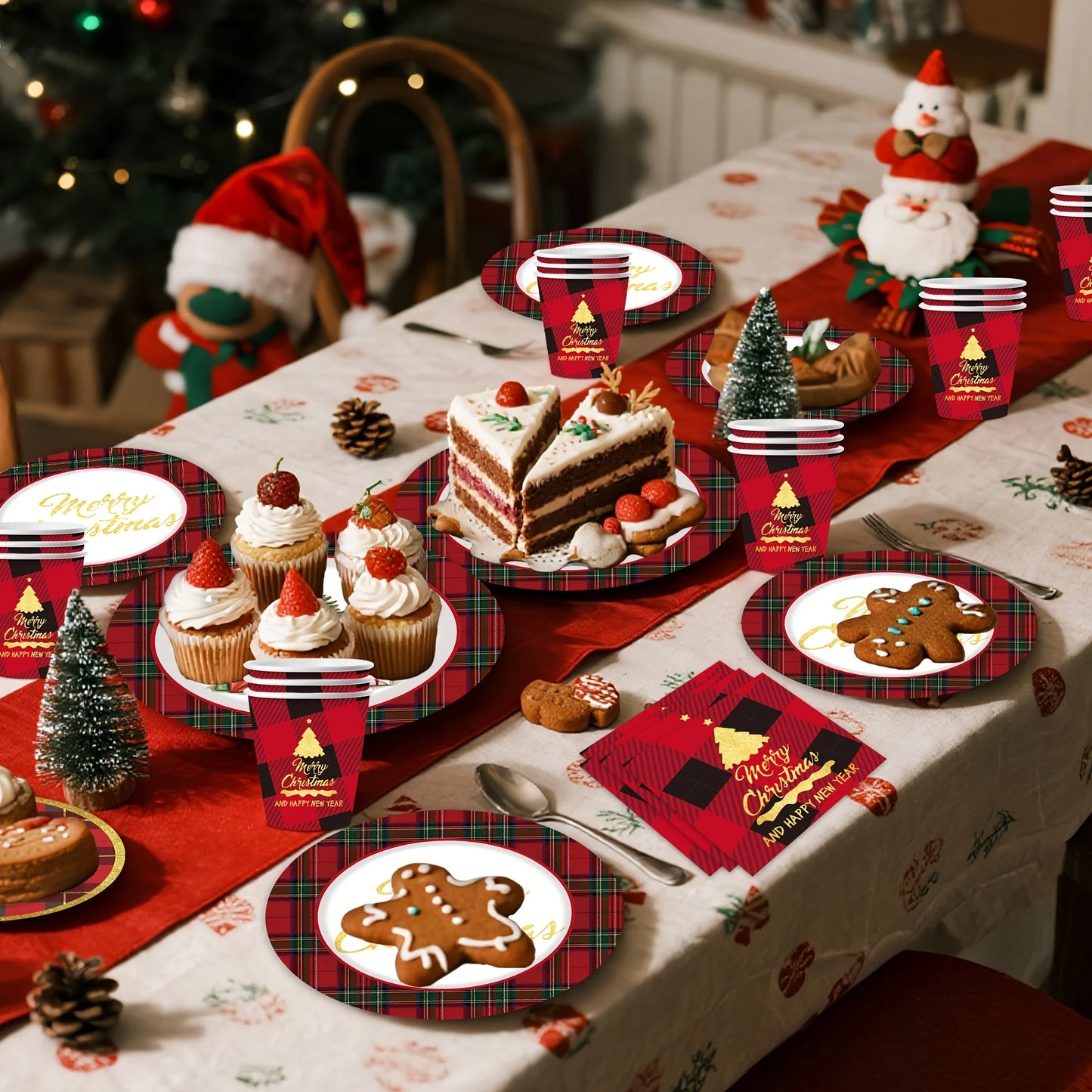 Decorative Christmas table setting with food and festive decor.