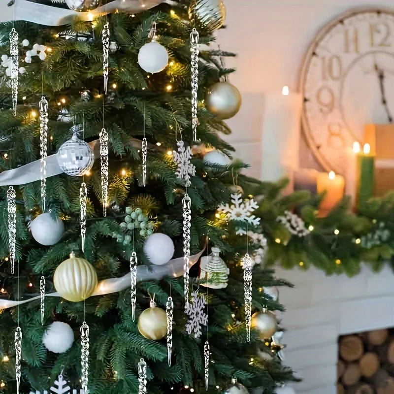 Decorated Christmas tree with ornaments and lights in a festive setting.