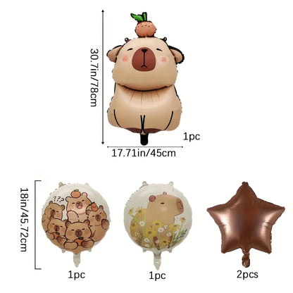 Set of capybara-themed balloons with measurements on a white background