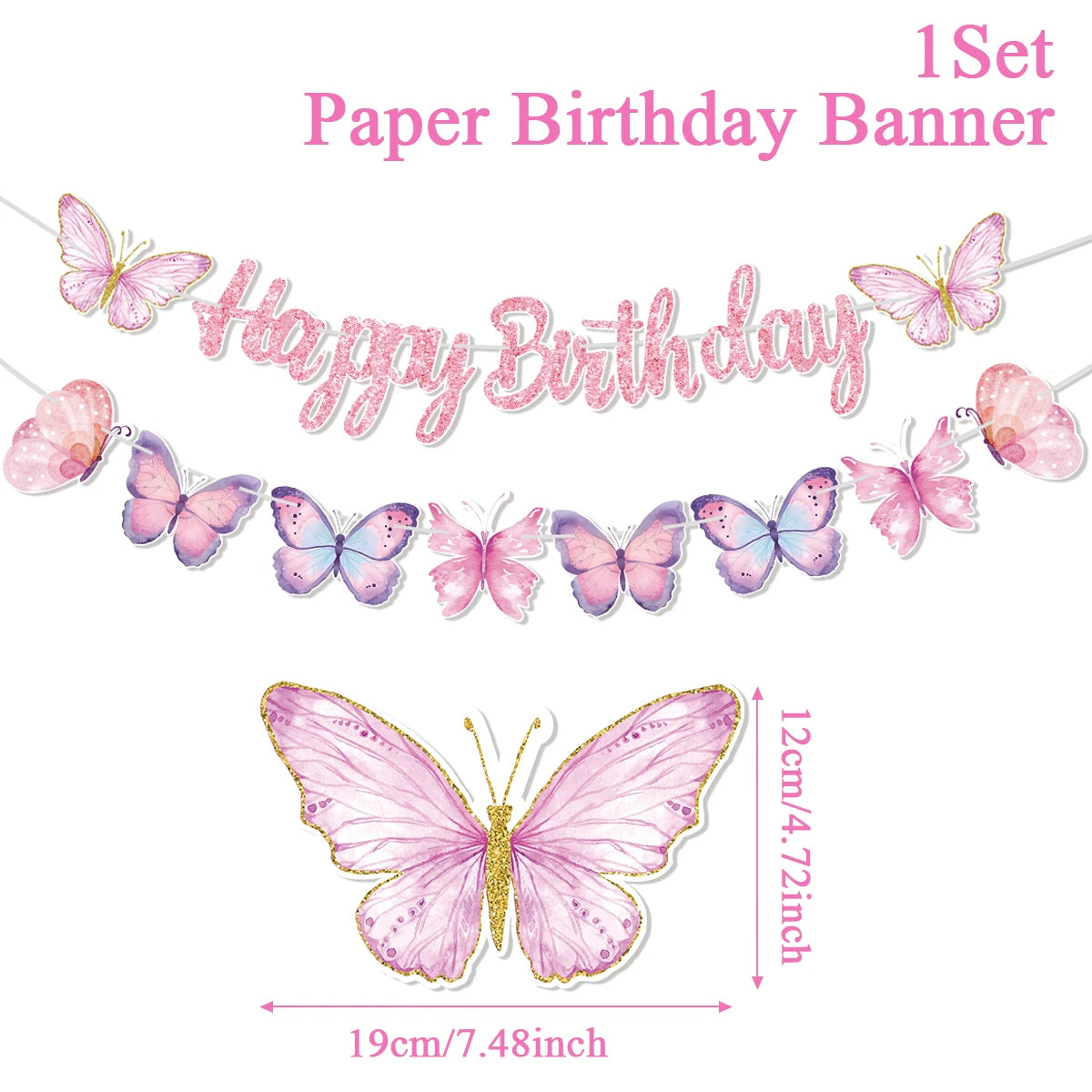 Pink butterfly-themed birthday banner with 'Happy Birthday' text on a white background.