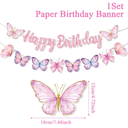 Pink butterfly-themed birthday banner with 'Happy Birthday' text on a white background.