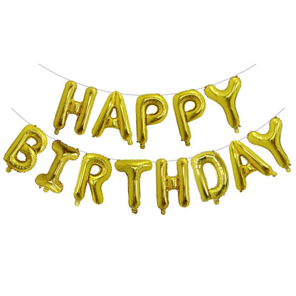Gold 'Happy Birthday' balloon banner on a white background