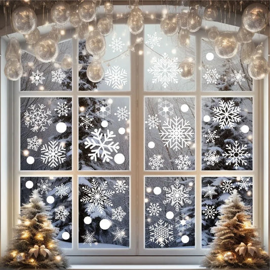 Decorative window with snowflake stickers and Christmas trees on either side.