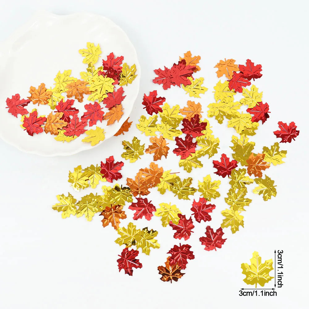 Colorful leaf-shaped candies on a white plate with a measurement label.