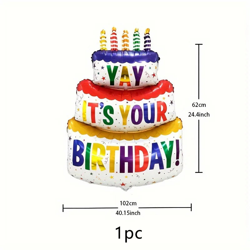 Three-tiered birthday cake balloon with colorful text and dimensions on a white background