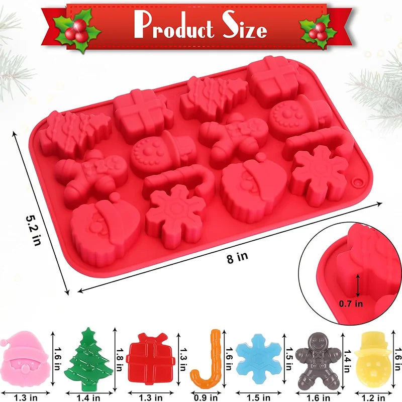 Red silicone mold with Christmas shapes and product size measurements on a white background.