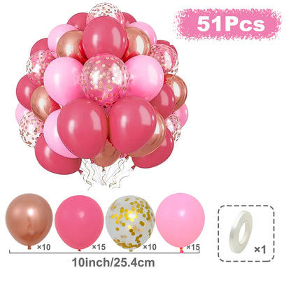 Set of pink and rose gold balloons with confetti balloons on a white background