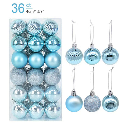 Packaging of blue and silver Christmas ornaments with hanging examples.