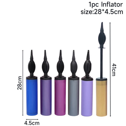 Set of inflatable nozzles with measurements on a white background