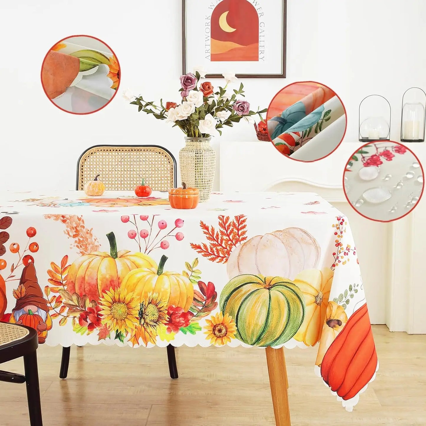 Tablecloth with autumn design featuring pumpkins and leaves on a table.