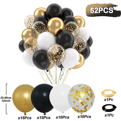 Set of 52 black, gold, and white balloons with confetti on a white background