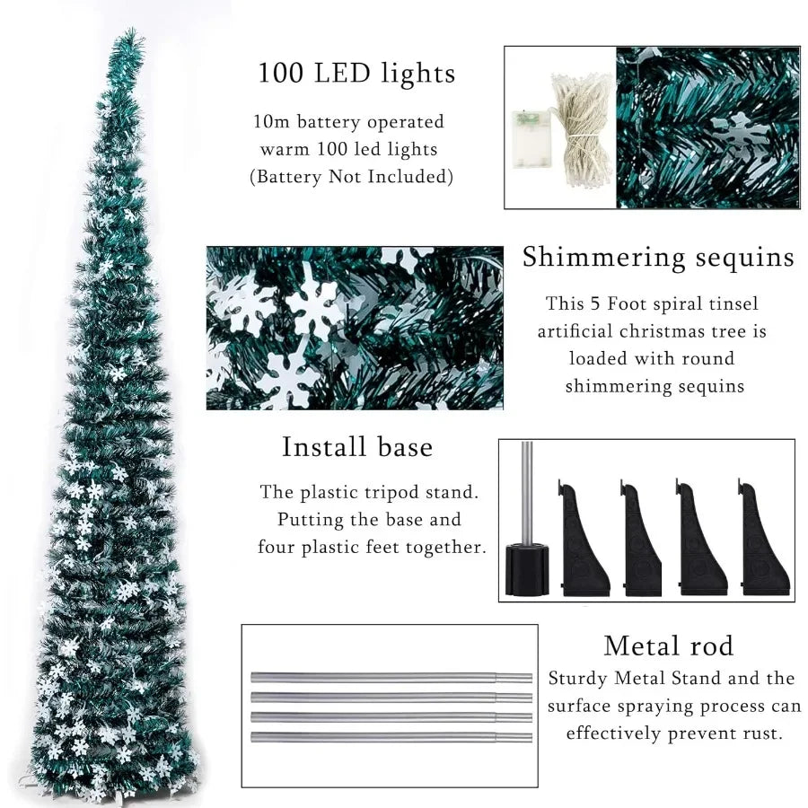 Artificial Christmas tree with features and installation instructions displayed.
