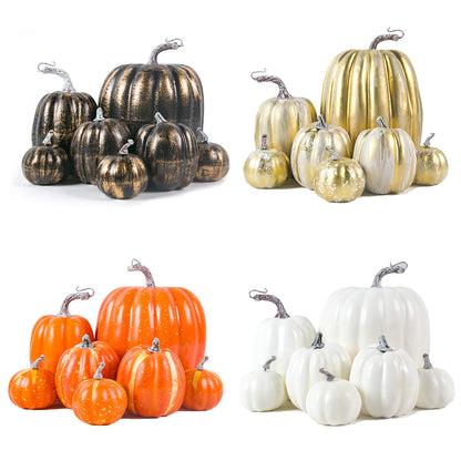 Collection of decorative pumpkins in gold, bronze, orange, and white on a white background