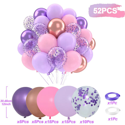 Set of 52 colorful balloons including purple, pink, and gold with confetti in a decorative arrangement.