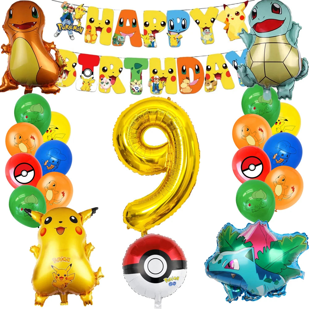 Collection of colorful Pokémon balloons and a gold number 9 balloon with a 'Happy Birthday' banner featuring cartoon characters.
