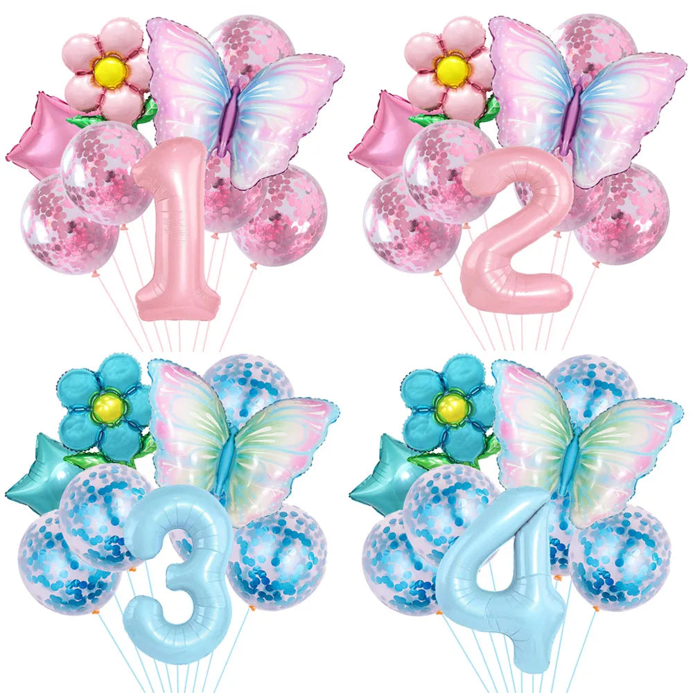Set of four balloon bouquets with numbers 1, 2, 3, and 4, featuring butterflies and flowers.