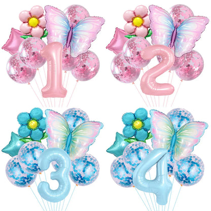 Set of four balloon bouquets with numbers 1, 2, 3, and 4, featuring butterflies and flowers.