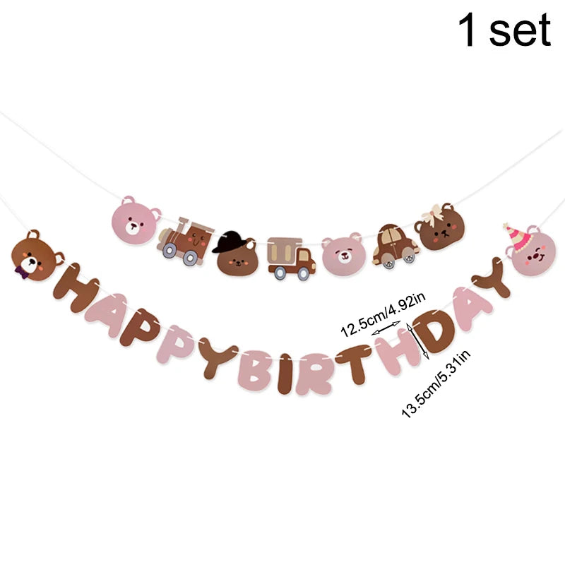 Cartoon-themed 'Happy Birthday' banner with animals and vehicles on a white background