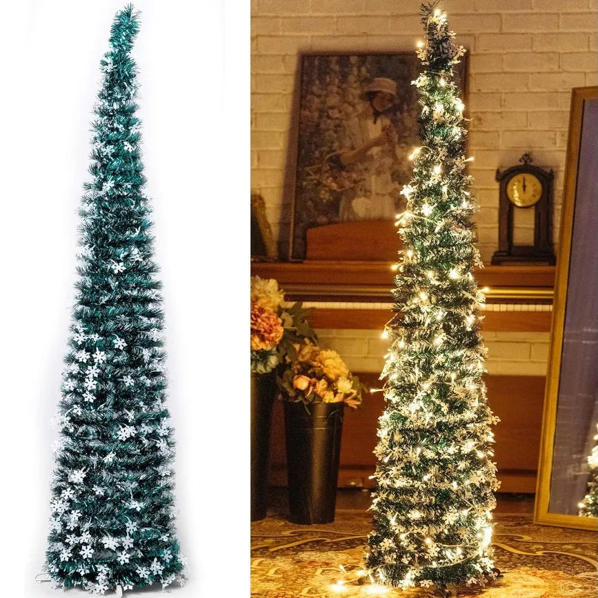 Pine tree with snowflake sequins on the left and decorated with white lights in a room on the right.