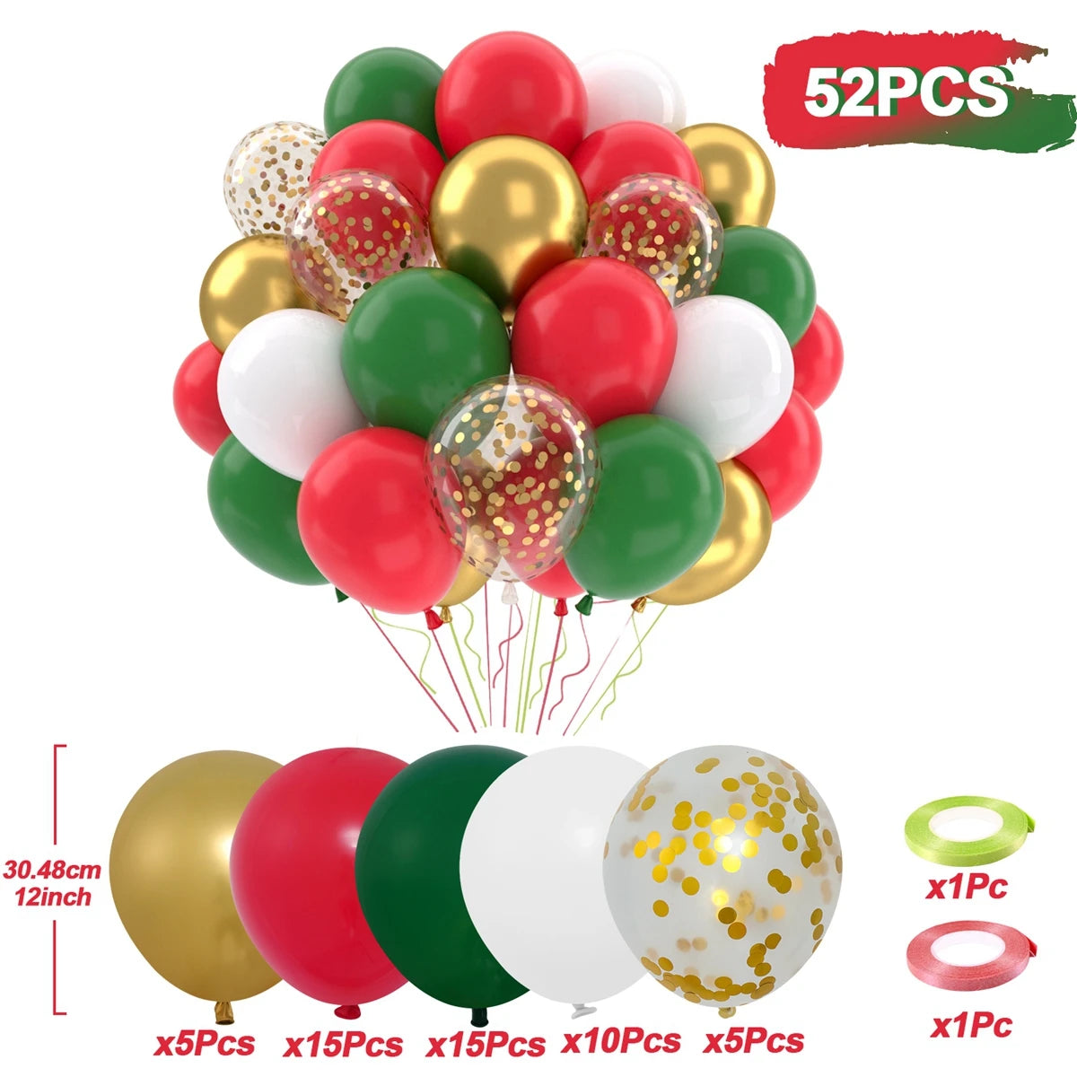 Bouquet of red, green, and gold balloons with confetti on a white background
