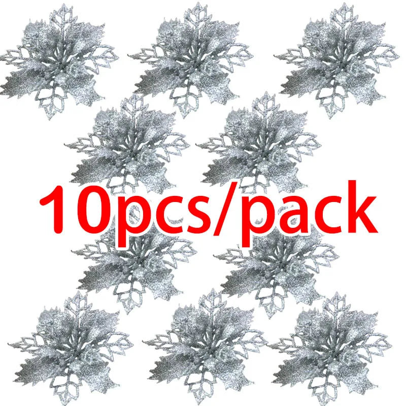 Silver snowflake decorations with '10pcs/pack' text on a white background