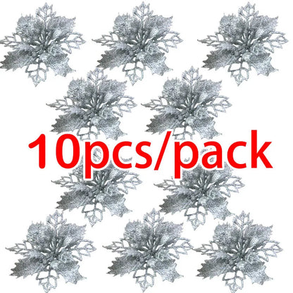 Silver snowflake decorations with '10pcs/pack' text on a white background