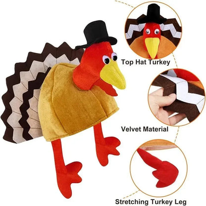 Plush turkey hat with top hat, showing details like velvet material and stretching leg.
