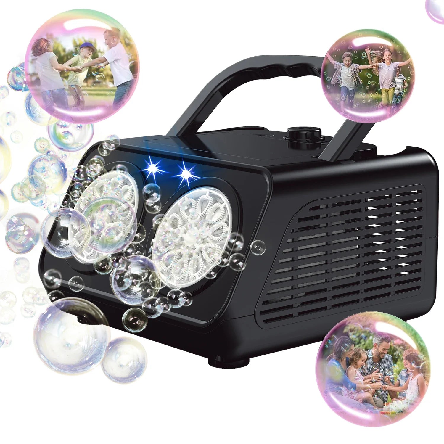 Black bubble machine with LED lights surrounded by bubbles on a white background