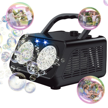 Black bubble machine with LED lights surrounded by bubbles on a white background