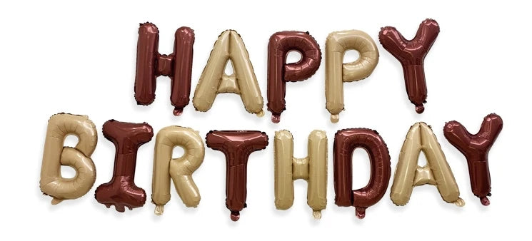 Brown and beige balloon letters spelling 'Happy Birthday' on a white background