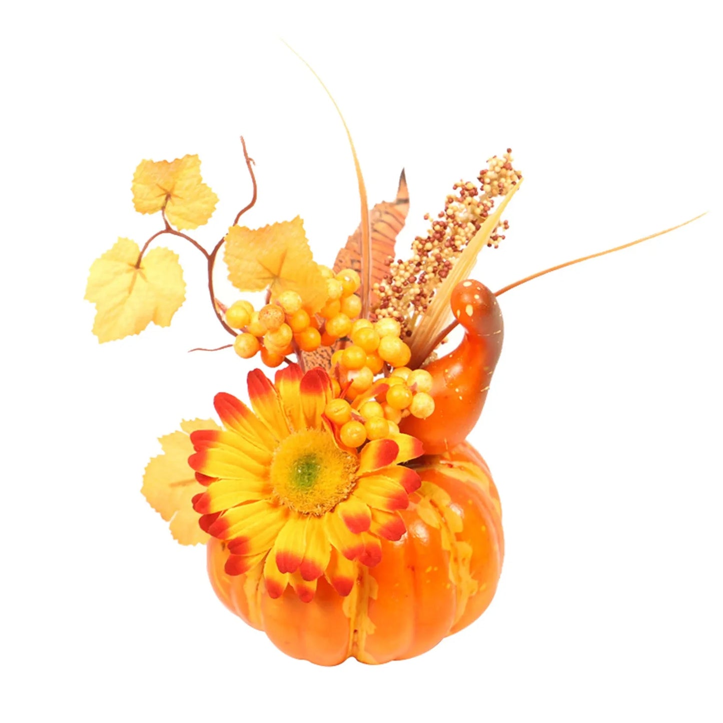 Decorative arrangement with a pumpkin, yellow flower, and autumn leaves on a white background
