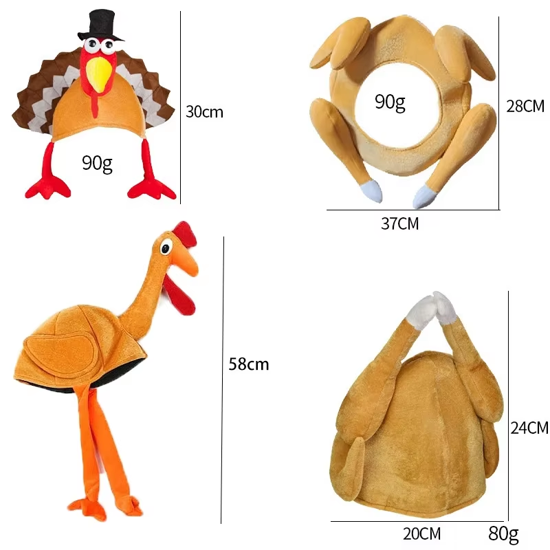 Plush turkey hats with measurements and weight displayed