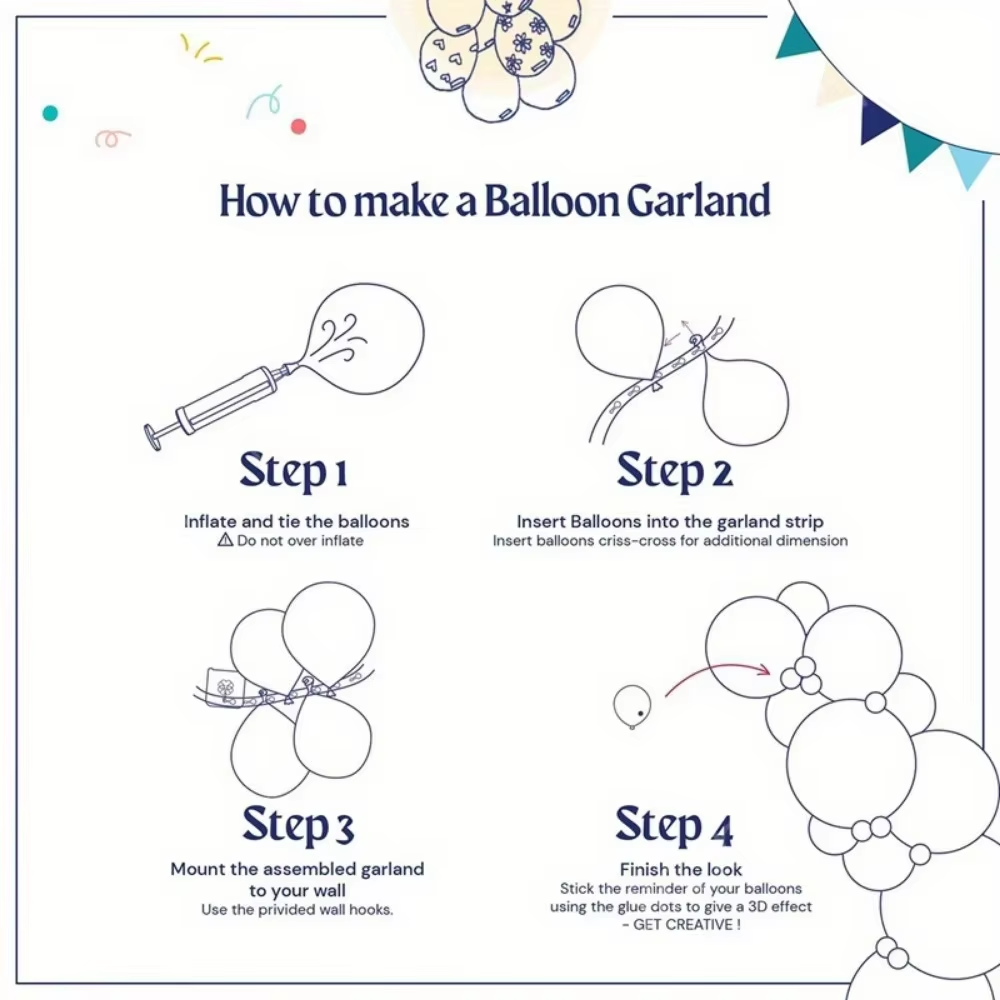 Instructions for making a balloon garland with illustrations and text.