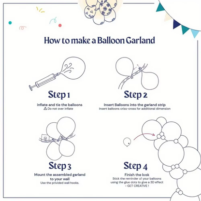 Instructions for making a balloon garland with illustrations and text.