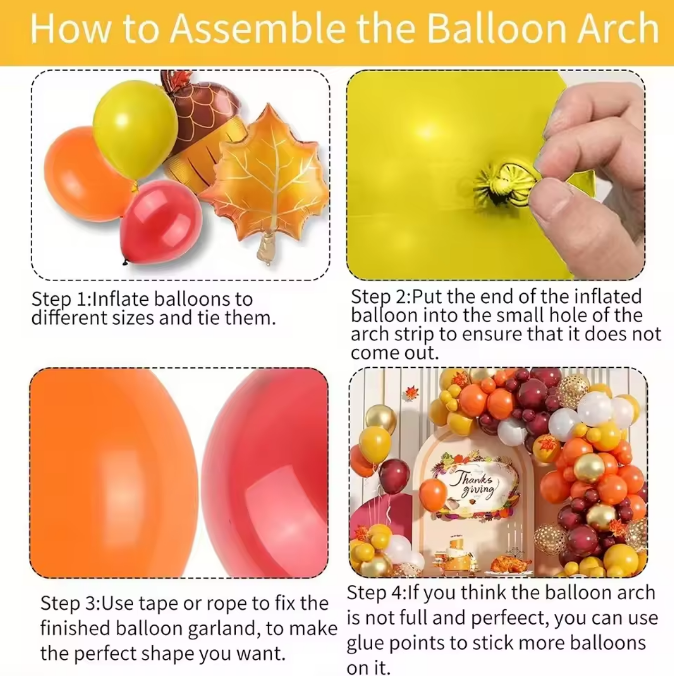 Step-by-step guide on how to assemble a balloon arch with images and text.
