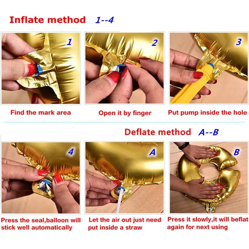 Instructions for inflating and deflating a gold balloon with text labels.